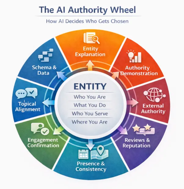 The AI Authority Wheel: how AI decides who gets chosen, including entity explanation, authority demonstration, external authority, reviews and reputation, presence and consistency, engagement confirmation, topical alignment, and schema and data.